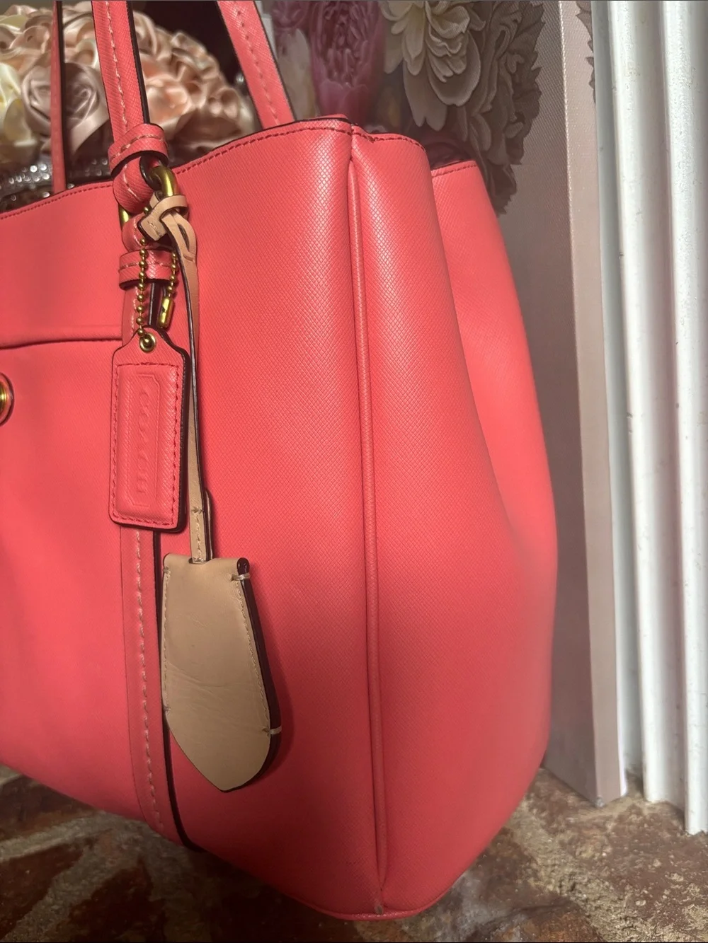 🌸 COACH Peyton Leather Jordan Double Zip Carryall in Coral (#F25669) 🌸